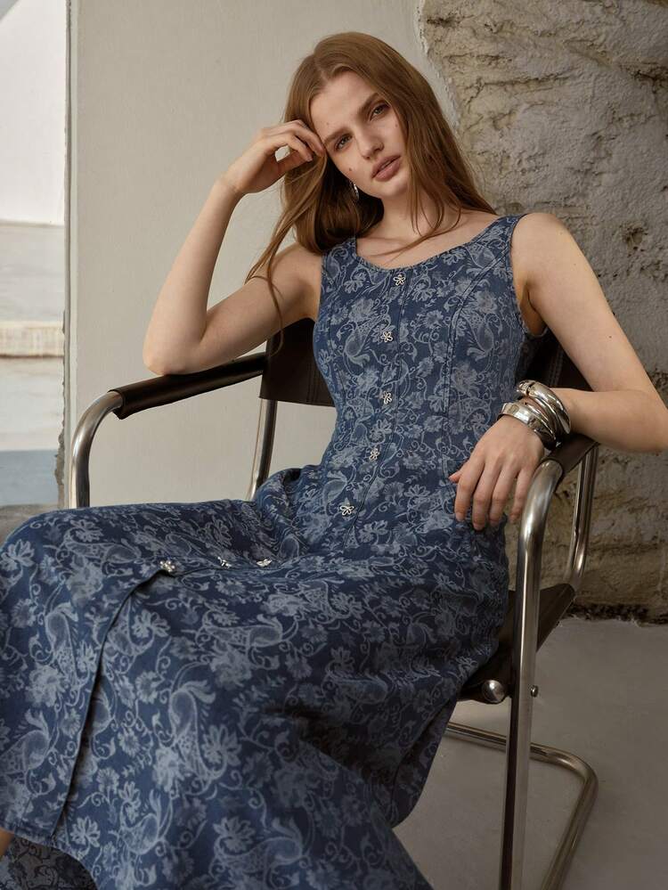TEXTURED JACQUARD CINCHED WAIST DENIM DRESS