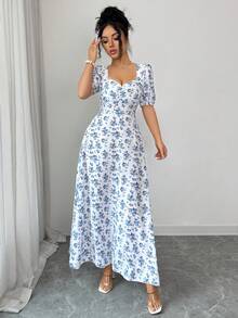 SHEIN Elenzya Women's Floral Print Sweetheart Neck Puff Sleeve Elegant Vacation Dress - Blue - View 3