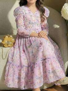 SHEIN 少女碎花V领羊腿袖休闲连衣裙 - 白色 - 查看 4