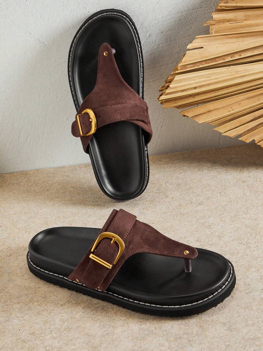 SHUZIA Women's Fashion Casual Comfy Adjustable Buckled Thone Flat Sandals - Chocolate Brown - View 1