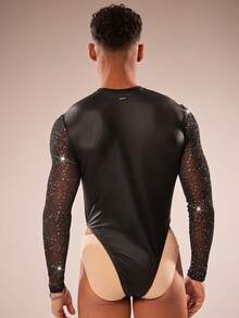 FeverCity Men's Long Sleeve Round Neck Mesh Patchwork Sexy Jumpsuit - Black - View 2