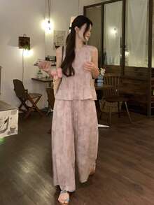 DAZY 2pcs Women's Vintage Distressed Dual-Tone Linen Texture Casual Outfit Set Lounge Sets For Women Summer - Pink - View 7