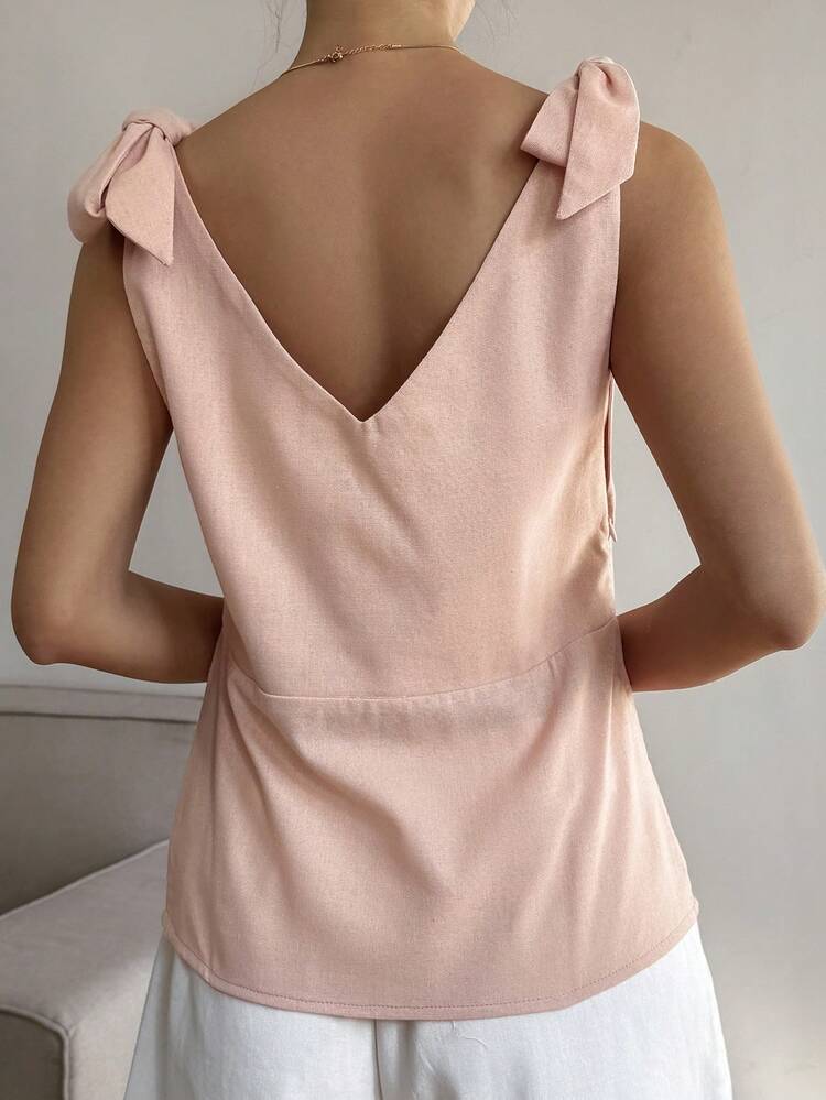 Women's Solid Color V-Neck Tie Bow Casual Vacation Summer Tank Top