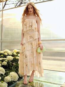 MOTF PREMIUM WOMEN'S FLORAL PRINT RUFFLED LAYERED ROMANTIC SPAGHETTI STRAP DRESS, SPRING/SUMMER - Apricot - View 4