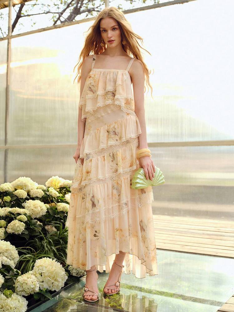 ROBE À BRETELLES SPAGHETTI ROMANTIQUE AVEC VOLANTS ET IMPRIMÉ FLORAL, PRINTEMPS/ÉTÉ