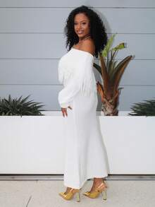 Steph T Siren Gaze New Women's Elegant Solid Color Fringe Detail Off Shoulder Sweater Dress, Autumn/Winter,Splicing Fur White Dres,Old Money Style Women - White - View 5