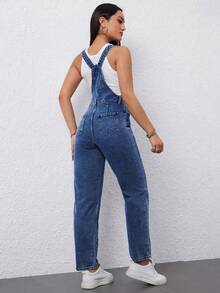 Flexra Women's Solid Color Button Slant Pocket Casual Versatile Denim Jumpsuit - Dark Wash - View 2