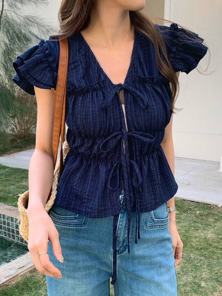 Spring & Summer V-Neck Ruffle Patchwork Blue Blouse With Front Tie, Elegant Casual Vacation Beach Chiffon Shirt, Waist Cinching, Suitable For Commute, Wedding, Valentine's Day