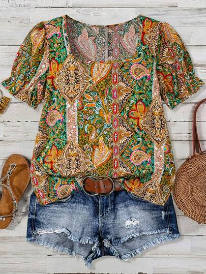 SHEIN LUNE 大码女式休闲印花方领短袖衬衫