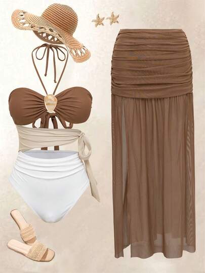 Swim Oasis 女士撞色露背系带连体泳衣，带可拆卸裙摆，适合海滩度假、泳池派对、沙滩派对