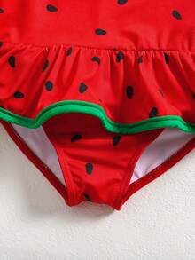 SHEIN Toddler Girls Sleeveless Fruit Pattern Swimwear With Ruffle Details Adorable Watermelon Print One-Piece Bathing Suit - Multicolor - View 4