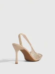CUCCOO SZL 女士时尚尖头水晶/水钻缎面派对/晚宴高跟一脚蹬鞋 - 香檳色 - 查看 9
