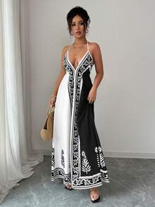 Rafferiza 女士碎花深V领连衣裙 - 黑與白 - 查看 4