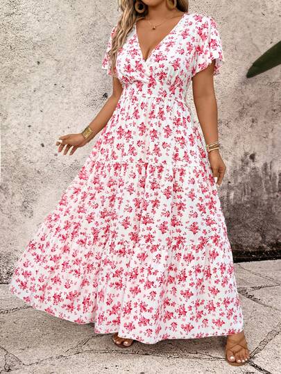 Breezaya Women's Spring/Summer Red And White Floral Long Dress, V-Neck, Flutter Sleeves, Waist-Cinching Design, Elegant Long Dress For Vacation And Travel