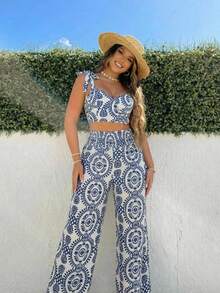 SHEIN SXY 女士度假植物印花露脐吊带背心和长裤时尚套装 - 彩色 - 查看 3