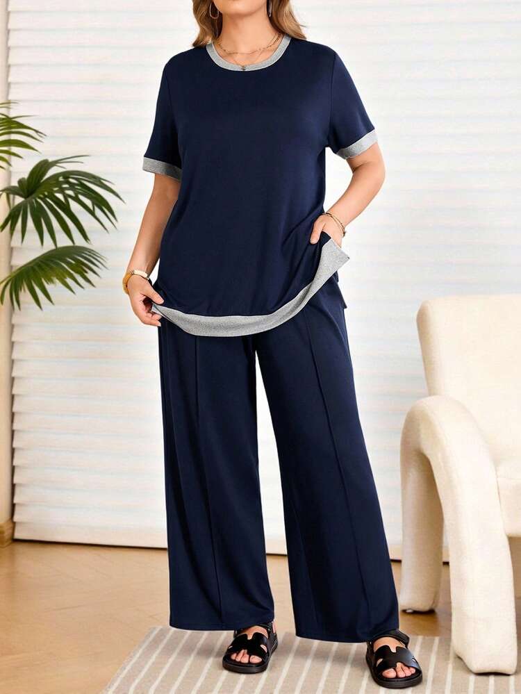 Plus Size Women's Summer Casual Vacation Blue Contrast Color Round Neck Short Sleeve Top And Pants Set With Pockets, Early Spring,Spring Break Outfits ,Vacation Outfits Women ,Holiday Outfits For Women,Going Out Outfits,2026 New Clothes,Simple And Fashionable For Everyday Wear, Loungewear Women, Sleep Wear Women, Women's Loungewear Set, Two Pieces Set Women, Top And Pants Set For Women