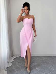 SHEIN Raffinéa 女士新款修身无袖心形领口收腰开衩下摆中长连衣裙 - 粉色 - 查看 4