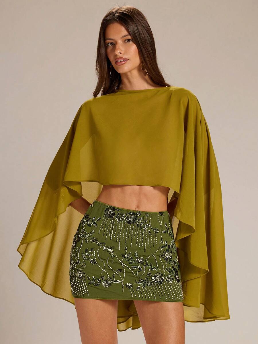 SHEIN BAE Áo nữ đơn giản, màu trơn, cổ áo choàng, phần trước ngắn, phần sau dài. - Màu vàng - Xem 1