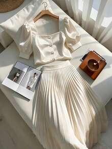 Franclia Apricot Satin Square Collar Puff Sleeve Metal Button Single-Breasted Top + Matching Pleated Maxi Skirt, Gentle Vibe Commuter 2 Pieces Set - Apricot - View 1