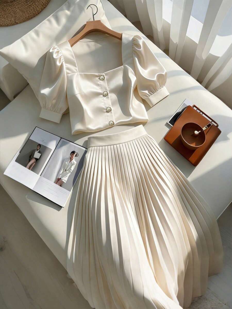 Franclia Apricot Satin Square Collar Puff Sleeve Metal Button Single-Breasted Top + Matching Pleated Maxi Skirt, Gentle Vibe Commuter 2 Pieces Set - Apricot - View 1