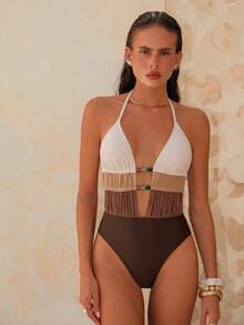 Swim Chiccia 女士纯色拼接串珠可调节系带泳衣 - 彩色 - 查看 10