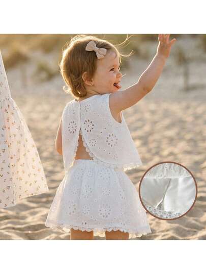 Loomiva 2件套女婴纯色休闲百搭圆领无袖上衣和松紧腰短裤套装