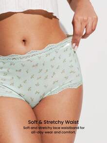 LUVLETTE Bộ 3 quần lót nữ cạp trung bằng cotton viền ren, kiểu quần đùi ngắn, họa tiết hoa, viền ren, màu xanh lá cây. - Nhiều màu - Xem 10