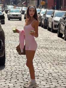 Fluxe Women's Solid Color Backless Camisole Sports Jumpsuit - Pink - View 9