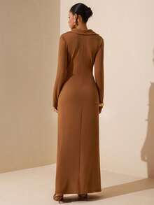Vesra Women's Elegant Sexy Draped Neck Long Sleeve Fitted Dress - Brown - View 2