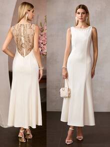 MOTF Soiréza WOMEN'S ELEGANT LONG MESH SEQUIN EMBROIDERED MERMAID DRESS FOR FORMAL OCCASIONS - Beige - View 8