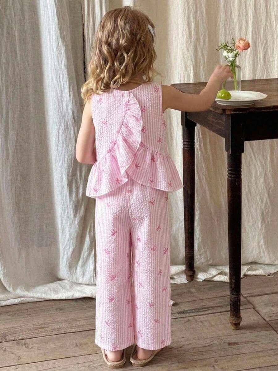 SHEIN 2pcs Young Girl Woven Striped Bow Decor Casual Camisole And Pants Set Young Girl Pant Set Girls Pink Stripe Set Young Girls Cami And Wide Leg Pants Set Girls Pink Two Piece Set Girls Two Piece Pant Set Girls Pink Pajama Set - Pink - View 1