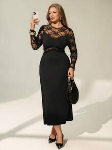 Auralis Plus Size Elegant Black Autumn Lace Patchwork Midi Dress For Women,Formal Evening Ceremony Long Sleeve Solid Color See Through Wedding Dress - Black - View 1
