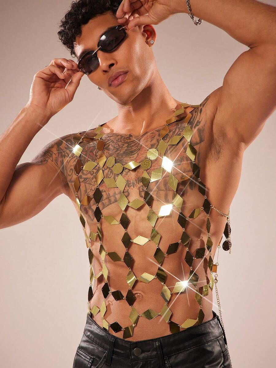 FeverCity Men's Sequin Sexy Hollow-Out Mesh Tank Top - Gold - View 1