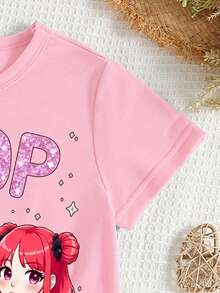 Camiseta corta básica casual para niñas jóvenes en primavera y verano, con estampado gráfico de personaje de grupo musical virtual, lema y diseño simple y fresco. Prenda cómoda y versátil para uso diario en primavera, verano y otoño. - Rosa - Ver 6