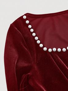 SHEIN MOD 黑色丝绒珍珠领长袖连衣裙 - 櫻桃紅 - 查看 3