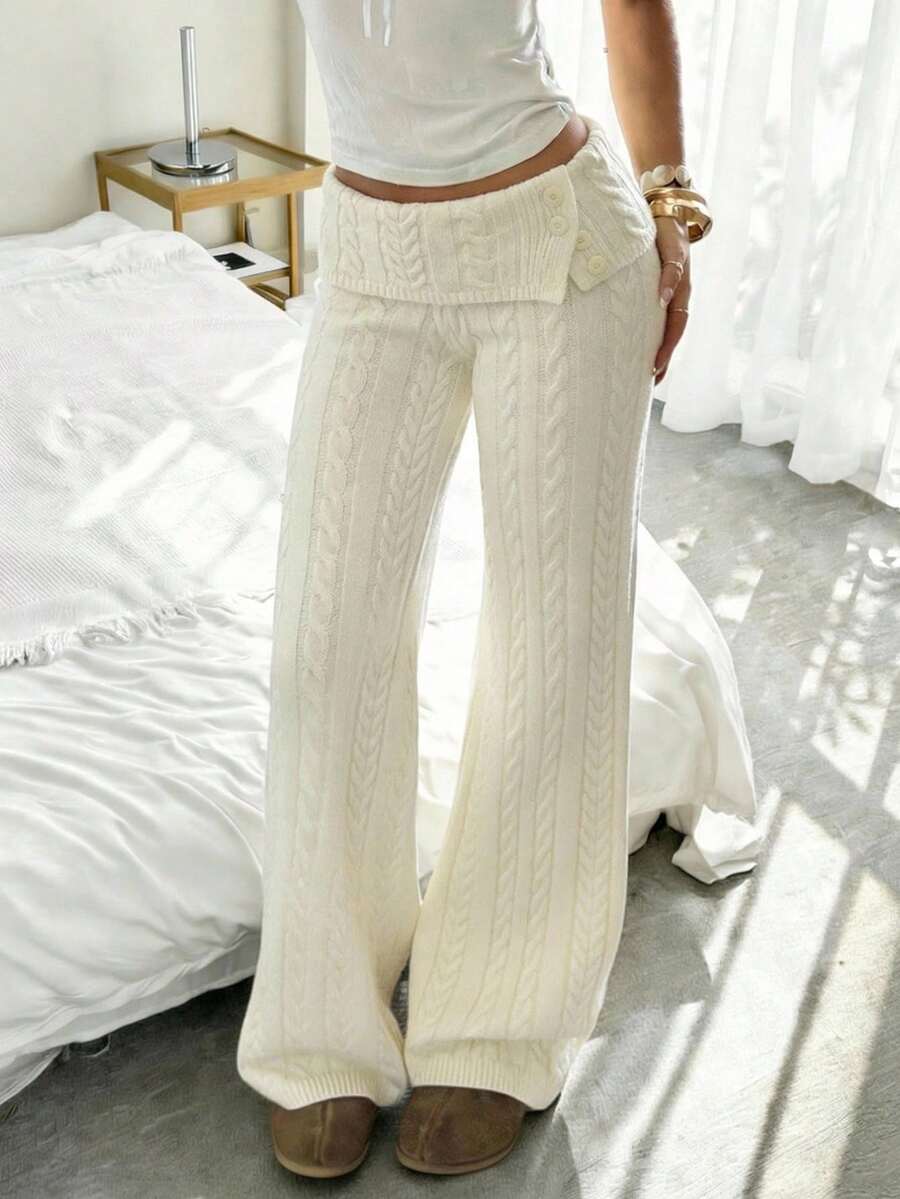 CovetEZ 女士休闲喇叭针织裤，腰部扭结设计 - 白色 - 查看 1