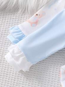 SHEIN 4件套新生儿小熊蝴蝶结装饰长袖连体衣、帽子和手套套装，家居服 - 淺藍色 - 查看 3