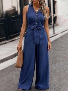 EMERY ROSE 优雅夏季通勤连体裤，适合大码女性，包括大码牛仔连体裤、蓝色牛仔连体裤、无袖连体裤、度假连体裤、宝蓝色连体裤、系带连体裤等。 - 藍色 - 查看 1