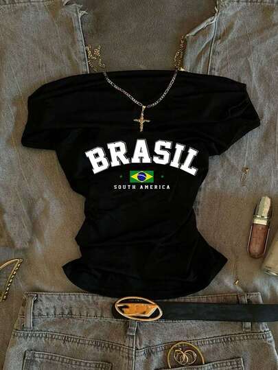 Attitoon Camiseta de hombros descubiertos con gráfico de letra