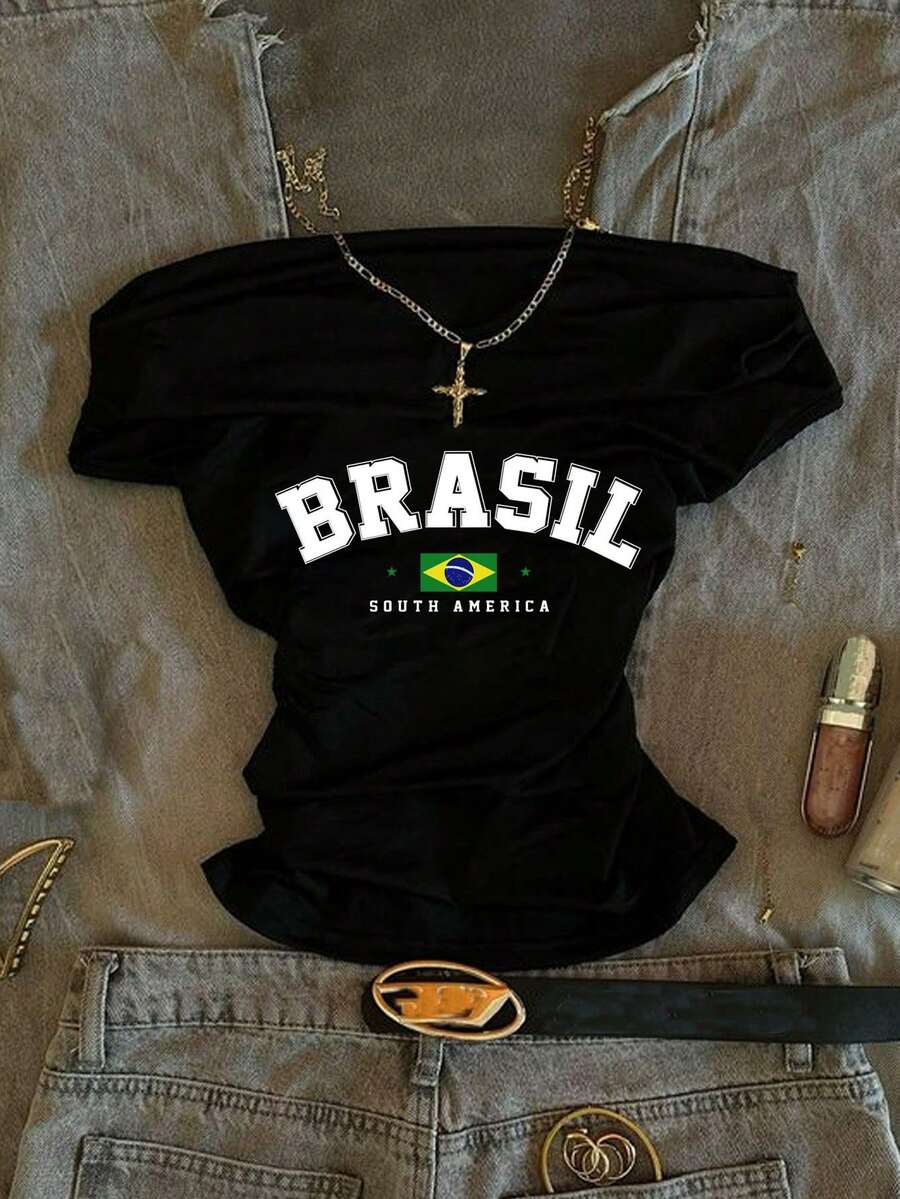 Attitoon Letter Graphic Off Shoulder Tee - Black - View 1