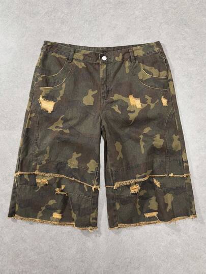 ROMWE MEN Street Life Spring/Summer Casual Graphic Men'S Camouflage Print Pocket Distressed Hem Casual Jeans