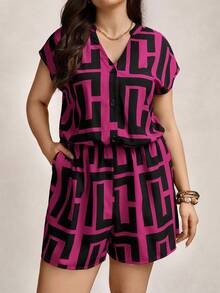 Zelara Women's Plus-Size Summer Black Asymmetrical Geometric Print Two Piece Set,Smart Casual Vacation Lounge Outfits,Nautical Navycore Jumpsuit Coord Set - Hot Pink - View 3