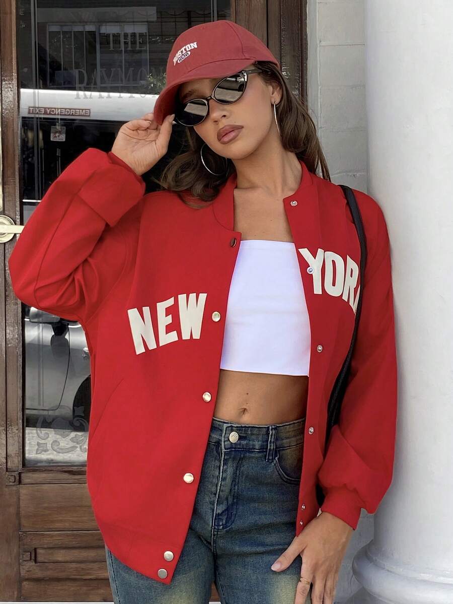 MainGRL 2026 New Letter Print Women Thin Jacket, Casual Sports Everyday Wear - Navy Blue - View 1