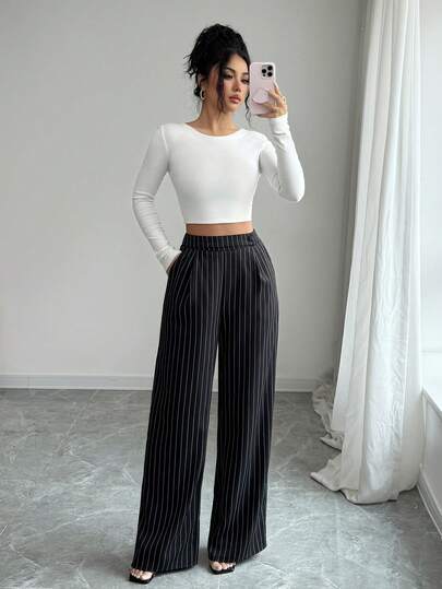 Elenzga Quần nữ ống rộng cạp cao kẻ sọc xếp ly cài nút thắt lưng, dáng thoải mái, thời trang cho mặc hàng ngày và đi nghỉ mát, màu đen.