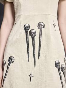 ROMWE Goth Spring/SummergraphicWomen's Dark Skull, Nail, Cross Print Mini Skater Dress, Spring/Summer - White - View 2