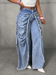 Slaydiva 女士褶皱时尚设计毛边宽松牛仔裤 - 藍色 - 查看 4