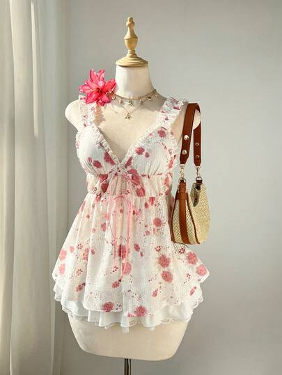 Elamini Women's Pink Floral Lace V-Neck Cardigan With Bow Tie, Frill Trim Irregular Waist Design, Sexy Sweet Cute Romantic Beach Vacation Style Camisole For Summer