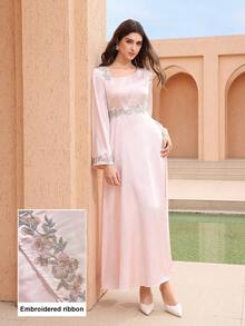 Graceveil Đầm dài tay thiết kế lệch vai, viền ren, phối ren, eo thon gọn dành cho nữ - Hồng - Xem 6