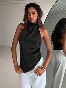 Aloruh 棕色露背优雅上衣，适合派对、通勤和度假穿着。 - 黑色 - 查看 4