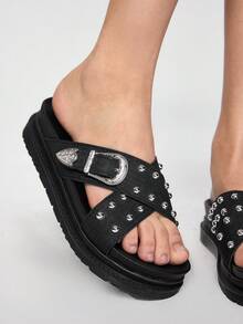 ROMWE Grunge Punk Women's Summer New Fashion Punk Rock Style Rivet Studded Casual Sandals With Thick Soles & Metal Buckle, Black Beach Ladies Sandals, High Heeled Holiday Woman Sandals - Black - View 3